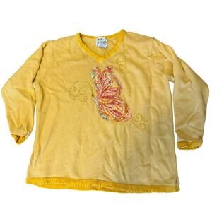 VTG Quacker Factory Sweater 1X XL Yellow Butterfly Sequins Bedazzled Whimsical